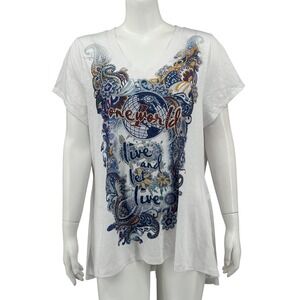 One World Top Women 1X White Paisley Live and Let Live Graphic Boho Artsy Casual